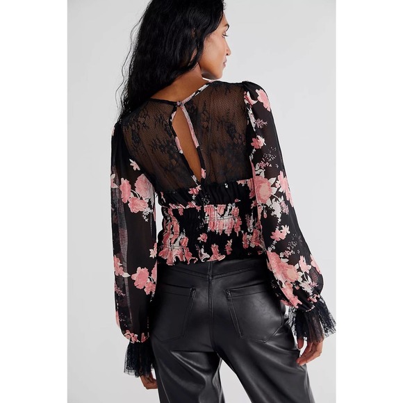 Free People Daphne Blouse Floral Print Lace Sheer Long Sleeve Blouse - Picture 7 of 12